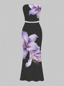 Slaydiva 2pcs Floral Print Strapless 2025 Spring/Summer Casual Set For Women, Suitable For Vacation, Parties, And Countryside Two Pieces Set Women Floral Two Pieces Set Tropical Two Pieces Set 2 Pieces Vacation Set Women Curve Two Pieces Set Suitable For Going Out - Multicolor - View 2