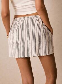 Poéselle 女式条纹抽绳腰口袋宽松休闲裤裙 - 黑色 - 查看 7