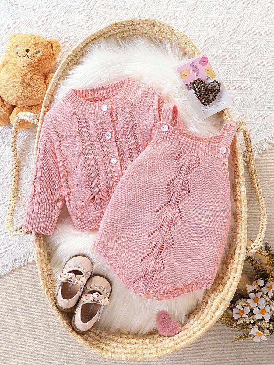 SHEIN 秋冬时尚女童婴儿针织毛衣套装 - 粉色 - 查看 1