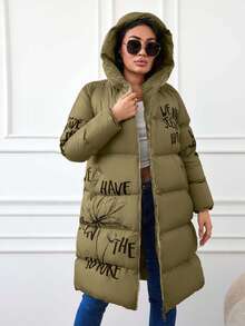 SHEIN Cottnline Plus Size Women'S Hooded Padded Coat With Letter And Flower Print - Army Green - View 6