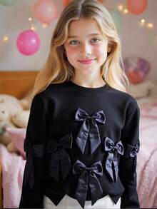 SHEIN Tween Girls Casual All-Match Daily Wear Sweet Bow Decor Round Neck Sweatshirt - Black - View 8
