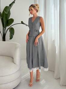 Elenzga Set de 2 piezas Mujer Top de tirantes sólido y falda midi con volantes de encaje, elegante para oficina, casual diaria, graduación/vuelta al colegio