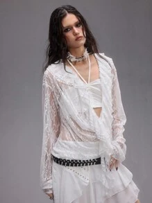 ROMWE EDITION Blus Wanita Berenda Transparan dengan Leher Berlipat Dalam Bergaya Punk Romantis - Putih - View 7