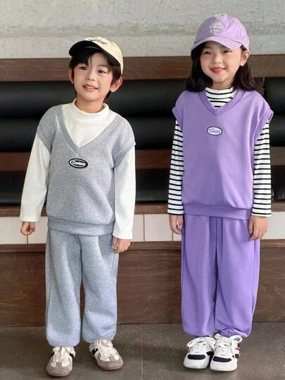 Genkimix Kids 2pcs Young Boy Knit Sweatshirt & Pants Set, Korean Fashion Style