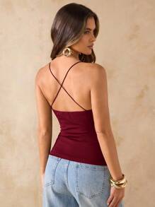 SHEIN BAE 棕色串珠吊带背心，夏季紧身性感复古吊带衫，沙滩度假串珠吊带衫 - 酒紅色 - 查看 2