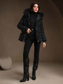 Anewsta 女士黑色毛绒领连帽收腰修身羽绒服，适合秋季、冬季外出，优雅、时尚、正式、万圣节等场合 - 黑色 - 查看 8