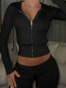 INAWLY Women Solid Color Zip Front Hoodie & Flared Pants Casual Tracksuit Fall Cloth For Women - Black - View 5