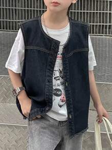 Dazy Kids Chaleco sin mangas de mezclilla para niño preadolescente, otoño - Azul lavado oscuro - Ver 5