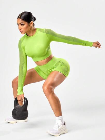 Seamluxe SHEIN Sport 2pcs/Set Moisture-Wicking & Breathable Mesh Design Green Sports Set, Long Sleeve Top & Shorts, Workout/Yoga Seamless Outfit