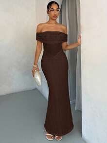 SHEIN BAE Off Shoulder Lace Bodycon Dress, Elegant For Spring/Summer,Prom Dress,Fall Wedding Guest Dress,Wedding Guest Dress Women - Coffee Brown - View 4