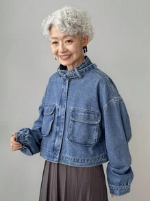 FRIFUL 女式立领休闲水洗牛仔夹克 - 藍色 - 查看 6