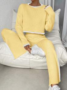 Chiquease Conjunto de 2 piezas de suéter de manga larga con hombros caídos y contraste de color y pantalones de punto con bajo dividido, suéter de punto color amarillo crema para universidad - Amarillo - Ver 4