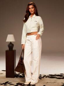 Athîral Women's Letter & Car Graphic Long Sleeve Casual Cropped Denim Coat, Fall Women , Winter Coat Women, Back To School, Club - White - View 3