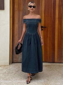 Livesso 女式夏季露肩束腰宽松牛仔连衣裙 - 藍色 - 查看 5