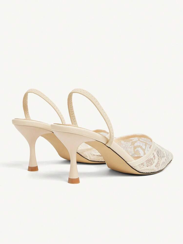CUCCOO CHICEST Women's Floral Embroidered Lace Pointed Toe Stiletto Mid Heel Elegant Vintage Retro Court Shoes, Beige Mesh High Heels For Formal Occasions, Wedding Guest, Afternoon Tea, Date, Party, Holiday Season