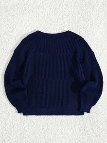 EURMUSE 女式小码休闲罗纹针织圆领毛衣 - 藏蓝色 - 查看 2
