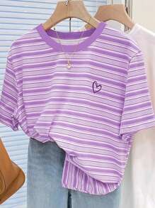 SHEIN Plus Size Women's Striped Heart Embroidery Short Sleeve T-Shirt - Mauve Purple - View 3