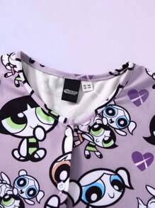 THE POWERPUFF GIRLS X SHEIN 少女卡通人物与爱心随机全身印花纽扣式贴身连体裤家居服 - 紫色 - 查看 3