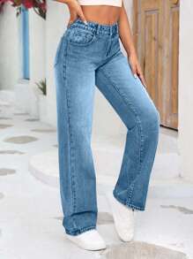 SHEIN Tall Quần jean ống đứng dáng rộng, túi hộp tiện dụng đa năng cho nữ - Rửa nhẹ - Xem 1