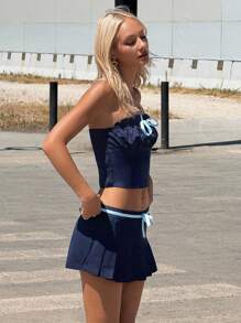 SHEIN ICON 2 件套女士海军蓝外出蝴蝶结装饰褶饰短款抹胸上衣和低腰迷你裙套装