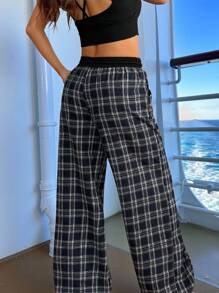 Veykashi Plus Size Black & White Plaid Print Loose Casual Pants, Suitable For Summer Suitable For Going Out - Dark Grey - View 4