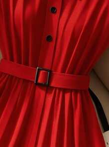 Franclia Đầm xếp ly không tay cổ màu tương phản thanh lịch dành cho nữ, trang phục mùa hè cho trường đại học - Đỏ - Xem 4