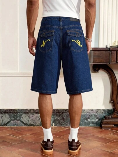 SWAVVY 男士刺绣设计宽松阔腿休闲牛仔短裤