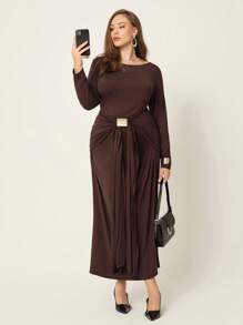 Auralis Plus Size Elegant Solid Color Ruffle Trimmed Mermaid Dress, Long Dress, Autumn Dress, Long-Sleeved Dress, High-Elastic And Comfortable Dress Fall Women Clothes Fall Elegant Dresses For Women Fall Dresses For Women Modest Modest Dress,,Wedding Guest Dress Women