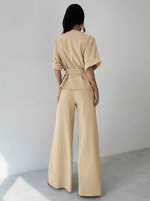 Firerie 女士优雅休闲度假通勤V领宽松收腰衬衫上衣搭配高腰阔腿裤2件套，适合春夏秋季休闲通勤套装宽松套装通勤优雅母亲节教师节工作装 - 卡其色 - 查看 2