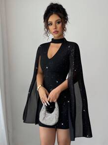Elenzga Elegant Glitter Hollow-Out Cape Sleeve Fitted Mini Dress Fall Cloth For Women