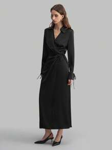 Ontre 2025 秋季新款女士立领长袖收腰 V 领修身休闲通勤连衣裙，商务中长连衣裙，适合海滩、度假、毕业典礼、办公室、海滩度假、茶会、商务休闲 - 黑色 - 查看 6