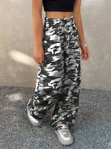 Coolane Pantalon droit ample à jambes droites avec imprimé graphique camouflage, streetwear pour préadolescentes au printemps/été