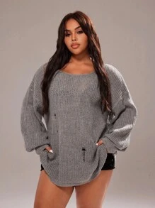 Rustia Áo len chui đầu tay dài màu xám rộng rãi thời trang đa năng cỡ lớn - Xám - Xem 3