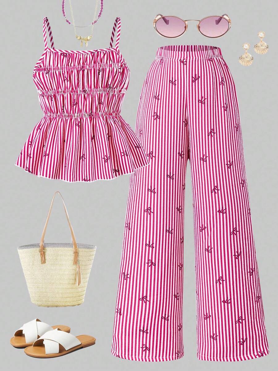 Sparklyn 女童条纹蝴蝶结吊带背心和直筒裤夏季度假装 - 紅色 - 查看 1