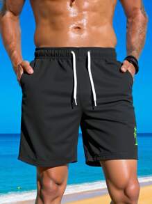 Surfspeed Men's Summer Vacation Coconut Tree Print Drawstring Waist Beach Shorts - Black - View 3