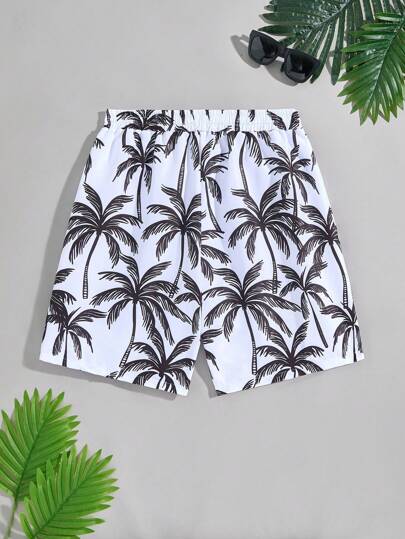 SHEIN מכנסי חוף קצרים לגברים בסגנון חופשה, בד ארוג עם הדפס עץ דקל, בגדי משפחה תואמים לאמא ואני (4 חלקים נמכרים בנפרד)