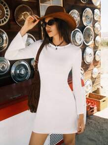 Easelle Vestido Curto Branco de Inverno para Mulheres, Estilo Casual de Resort Marítimo e Urbano Moderno, com Decote Redondo Sem Costas, Decoração de Contas, Cintura Marcada e Mangas Bufantes - Branco - Visão 9