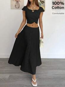 Siren Gaze Damen Set aus einfarbigem Fledermausärmel-Crop-Top mit asymmetrischem Saum und Mini-Rock, modisch