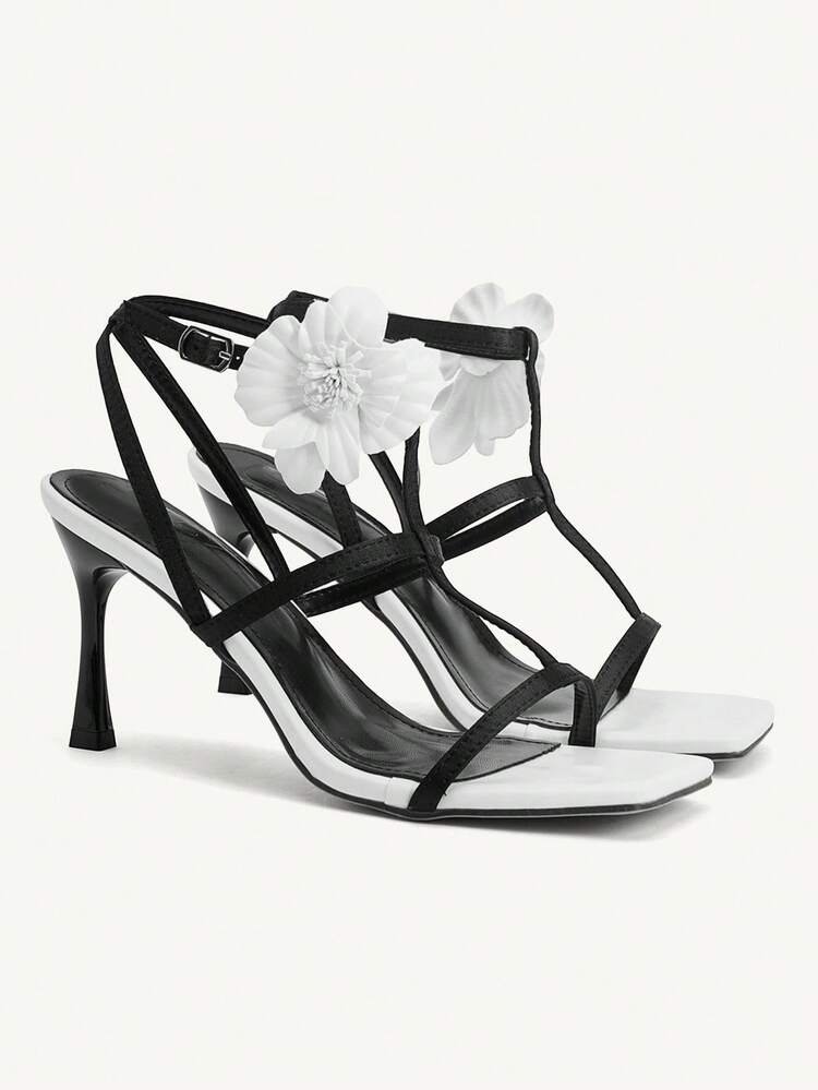 CUCCOO CHICEST 여성용 플로럴 T 스트랩 샌들, 뾰족한 코 하이힐, 우아함, 로맨틱, 섹시, 패션, 개성, 블랙, 화이트, 컬러 블록, 인조 가죽, 스웨이드, 드레스, 해변, 파티, 휴일에 적합