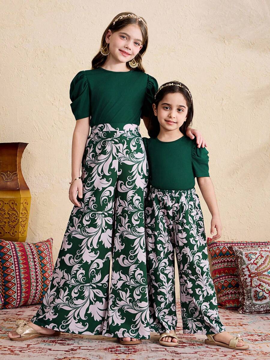 SHEIN 2pcs Tween Girl Crew Neck Puff Sleeve Cropped Top & Wide Leg Pants Set - Dark Green - View 1