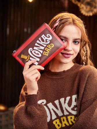 Willy Wonka and the Chocolate Factory X ROMWE Bolsa organizadora de cosméticos portátil con diseño de letras y bloques de color de moda