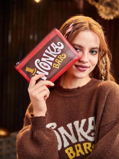 Willy Wonka and the Chocolate Factory X ROMWE Fashionable Colorblock Letter Graphic Portable Cosmetic Organizer Bag