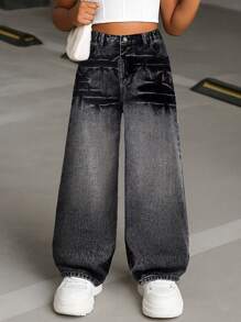 Tween 女童复古休闲时尚个性牛仔裤，做旧水洗宽松直筒蓝色牛仔裤，适合所有季节 - 灰色 - 查看 3