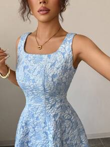Modelyn 花卉拉链后背方领连衣裙超长款女士晚礼服 - 藍色 - 查看 6