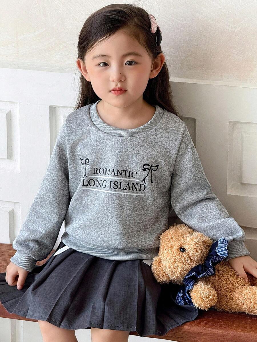 Genkimix Kids Kleine Mädchen Lässig Minimalistisches Buchstaben-Muster Rundhals Langarm Sweatshirt und hochtailliger plissierter Rock mit 3D Schleifendesign, Outfit-Set für den Schulanfang