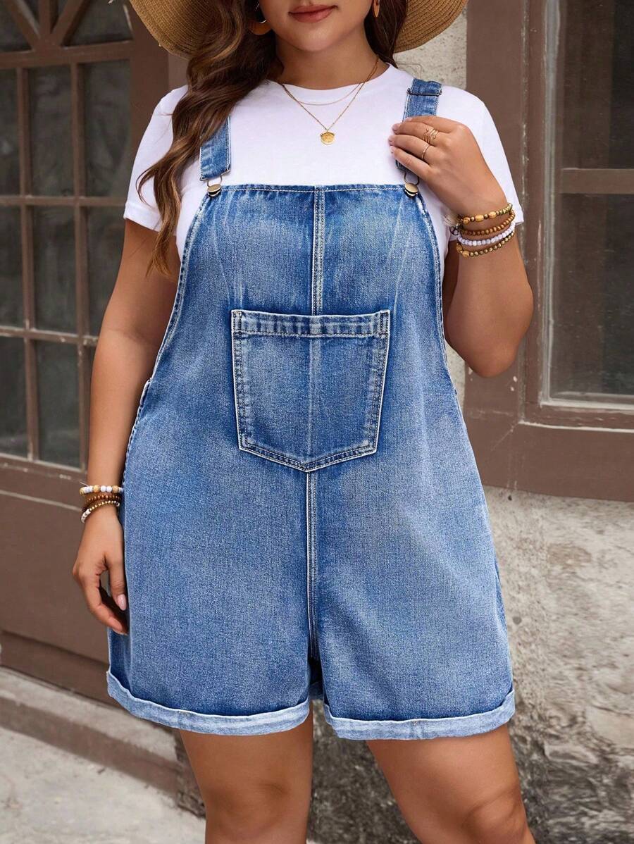 EMERY ROSE Plus Size Casual Vacation Retro Washed Bib Cargo Pants