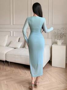 DAZY Váy midi xếp ly cổ vuông họa tiết hoa dành cho nữ, váy thu tay dài, váy dạ hội - Màu xanh lam - Xem 2