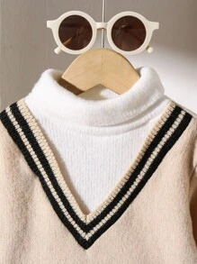 SHEIN Infant Boys V-Neck 2 In 1 Knit Sweater, Turtleneck Pullover Knitwear For Autumn/Winter Fall