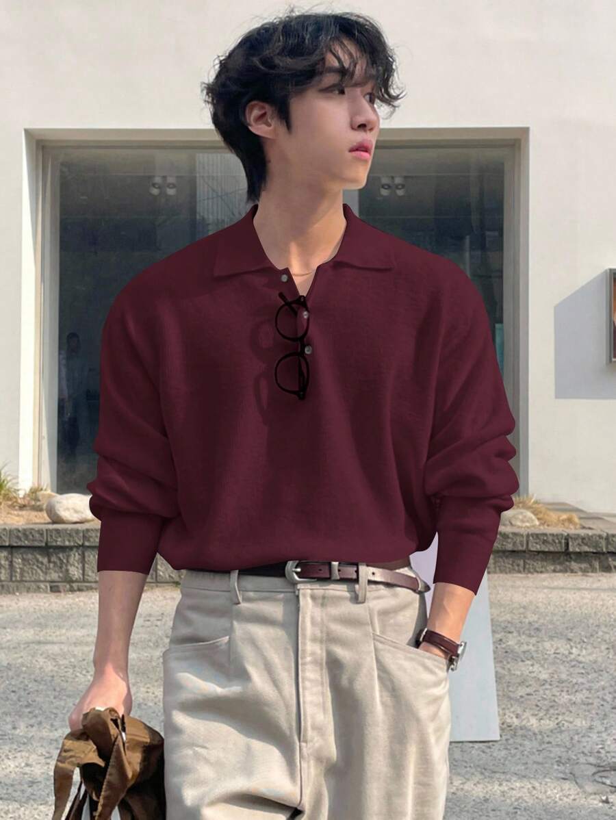 DAZY Men's Solid Color Burgundy Half-Zip Polo Collar Sweater, Autumn - Burgundy - View 1