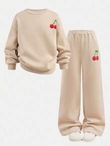 SHEIN Leap Crew 青少年女孩休闲秋冬长袖米色樱花花卉印花上衣和樱桃印花裤套装 - 米色 - 查看 9
